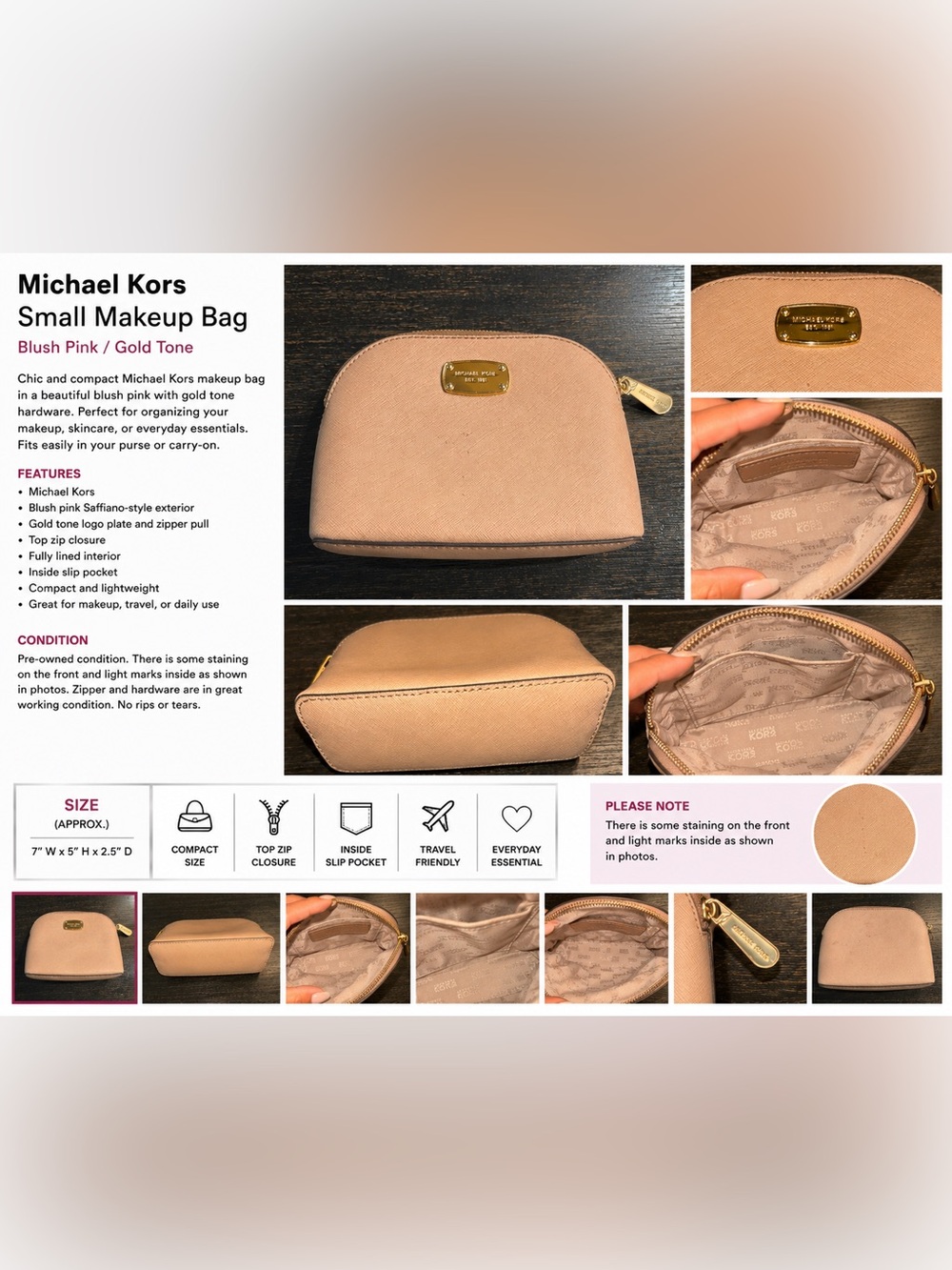 Michael Kors Blush Pink Saffiano Cosmetic Makeup Bag Travel Pouch Small